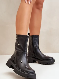 Botki Damskie Eko Skórzane Na Zamek Z Ozdobnymi Detalami Czarne Reritha