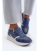 Sneakersy Damskie Na Platformie Z Ażurowym Wzorem I Brokatem INBLU IN000372 Niebieskie