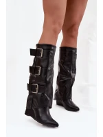 Dámské kozačky na platformě s ohnutým horním lemem a stříbrnými přezkami Černé Sarisse