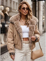 Krátka dámska bunda s odnímateľnou kožušinou, béžová, FashionStreet TY5838 Krátka dámska bunda s odnímateľnou kožušinou, béžová, FashionStreet TY5838