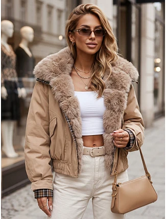 Krátka dámska bunda s odnímateľnou kožušinou, béžová, FashionStreet TY5838 Krátka dámska bunda s odnímateľnou kožušinou, béžová, FashionStreet TY5838