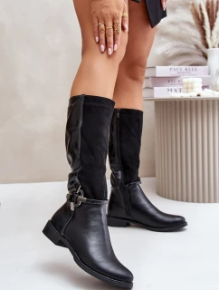 Ocieplane Kozaki Na Płaskim Obcasie Z Ozdobną Klamrą Czarne Leatharia