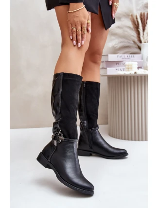 Ocieplane Kozaki Na Płaskim Obcasie Z Ozdobną Klamrą Czarne Leatharia