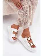 Eko Skórzane Klapki Damskie Na Platformie Z Klamrami Białe Xanivia