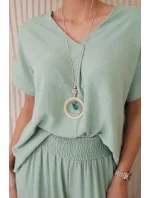 Súprava s náhrdelníkom blúzka + nohavice tmavá mentolová