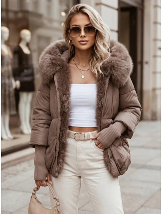Dámska zimná bunda s kožušinou a kapucňou v farbe taupe, FashionStreet TY5888 Dámska zimná bunda s kožušinou a kapucňou v farbe taupe, FashionStreet TY5888