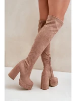 Kozaki Z Cholewką Za Kolano Na Słupku I Platformie Beżowe Nadelian