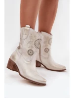 Zamszowe Skórzane Botki Damskie Ażurowe Na Obcasie Zazoo 3844 Złoty Przecierany