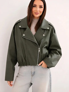 Dámska bunda z ekokože na zips v khaki farbe