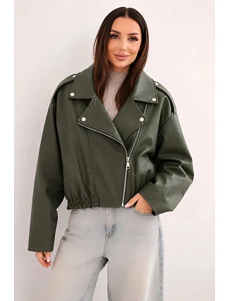 Dámska bunda z ekokože na zips v khaki farbe