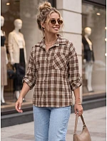 Dámska kockovaná košeľa s bavlnou, hnedá, FashionStreet DY0494 Dámska kockovaná košeľa s bavlnou, hnedá, FashionStreet DY0494
