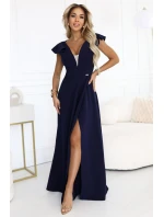 660-1 Elegantné maxi šaty s volánmi, hlbokým výstrihom a rozparkom na nohách - tmavomodré