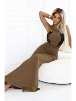 617-1 Dlhé šaty s čiernou čipkou a sieťovinou - MOCHA MOUSSE