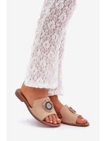 Skórzane Klapki Z Ozdobą Na Płaskim Obcasie Lewski 3047/O Beżowe