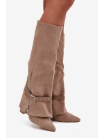 Kozaki Damskie Wsuwane Na Słupku Z Ozdobnym Paskiem Beżowe Jolivine