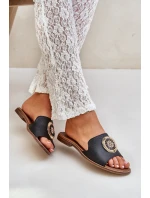 Skórzane Klapki Z Ozdobą Na Płaskim Obcasie Zazoo 3047/O Czarne