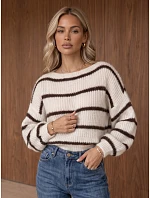 Dámsky oversize sveter s pruhmi v farbe ecru FashionStreet MY2643 Dámsky oversize sveter s pruhmi v farbe ecru FashionStreet MY2643
