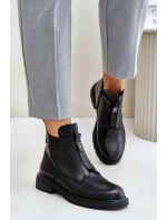 Skórzane Botki Na Płaskim Obcasie Ocieplane Czarne Komisa