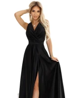 587-2 MONIQUE dlhé exkluzívne saténové šaty s výstrihom a rozparkom na nohách - ČIERNE
