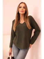 Dámsky viskózový sveter s výstrihom do V tmavej khaki farby