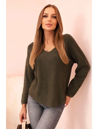Dámsky viskózový sveter s výstrihom do V tmavej khaki farby