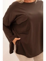 Dámska blúzka v nadmernej veľkosti s bavlnou, vreckom a vyhrnutými rukávmi hnedá