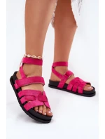 Eko Zamszowe Sandały Damskie Z Rzepami Fuksja Valpera