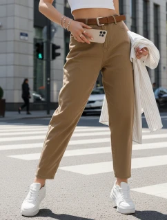 Dámske džínsy s opaskom mom fit tmavo béžové FashionStreet UY2878