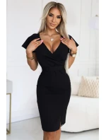 479-9 NINA elegantné šaty s obálkovým výstrihom, rukávmi a opaskom - ČIERNE