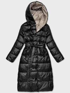 Obojstranná dlhá bunda s kapucňou čierna/béžová (P22-6638-1+62)