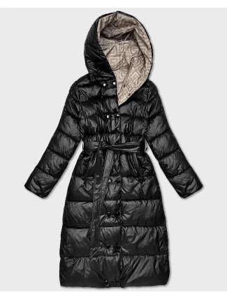 Obojstranná dlhá bunda s kapucňou čierna/béžová (P22-6638-1+62)