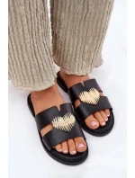 Klapki Damskie Na Płaskim Obcasie Ze Złotą Ozdobą Czarne Karinma