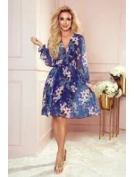 FRANCES - Tmavomodré kvetované dámske šifónové šaty s dekoltom 388-1 FRANCES - Tmavomodré kvetované dámske šifónové šaty s dekoltom 388-1