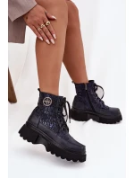 Skórzane Botki Damskie Na Platformie Z Napisami I Ozdobnym Detalem Artiker 57C2271 Granatowe