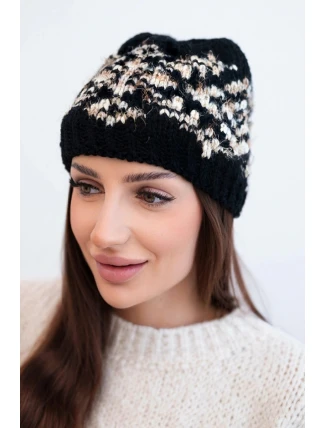 Dámska zimná čiapka s farebnými vzormi a hrubým rebrovaním K353 black+beige