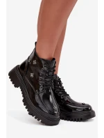 Skórzane Ocieplane Botki Damskie Z Ozdobami Lakierowane Artiker 57C0345 Czarne