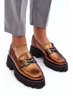 Damskie Skórzane Półbuty Loafersy Z Ozdobą Laura Messi 2699 Złote