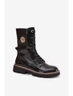 Lakierowane Botki Workery Damskie Ze Złotym Detalem Ocieplane Czarne Dorialine