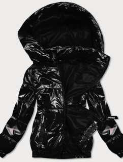 Lesklá čierna prešívaná bunda s kapucňou (BR9788-1)