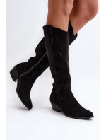 Zazoo 2909 Zamszowe Kozaki Ażurowe Na Niskim Obcasie Czarne