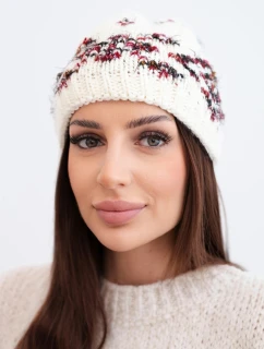 Dámska zimná čiapka s nórskym vzorom a hrubým úpletom K351 ecru+czerwony