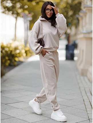 Dámska súprava z kordového úpletu s kapucňou a nohavicami, béžová, FashionStreet AY1248 Dámska súprava z kordového úpletu s kapucňou a nohavicami, béžová, FashionStreet AY1248