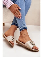 Klapki Damskie Na Płaskim Obcasie Z Ozdobnym Detalem KV51-007 Złote