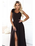 643-10 Elegantné večerné maxi šaty s rozparkom a ružami – čokoládovo hnedé