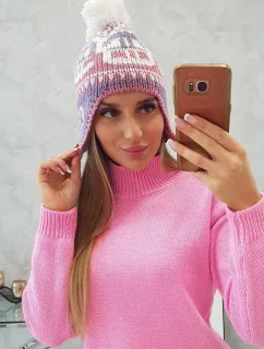 Rosa dámska čiapka s bambulou K368 fialová+biela+tmavoružová