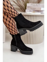 Botki Damskie Ocieplane Na Słupku Eko Zamszowe Czarne Irissinae