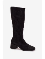 Kozaki Damskie Ze Zdobieniem Na Klocku Eko Zamszowe Czarne Ivanna