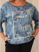 Dámska bavlnená blúzka Plus Size s potlačou a výstrihom do U, džínsovo modrá Dámska bavlnená blúzka Plus Size s potlačou a výstrihom do U, džínsovo modrá