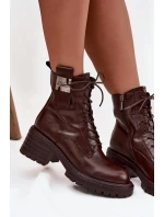 Skórzane Botki Workery Damskie Na Klocku Z Ozdobnym Detalem Artiker 57C0213 Brązowe