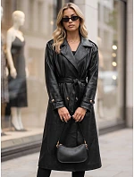 Dlhý čierny dámsky dvojradový kabát s opaskom FashionStreet NY0780
